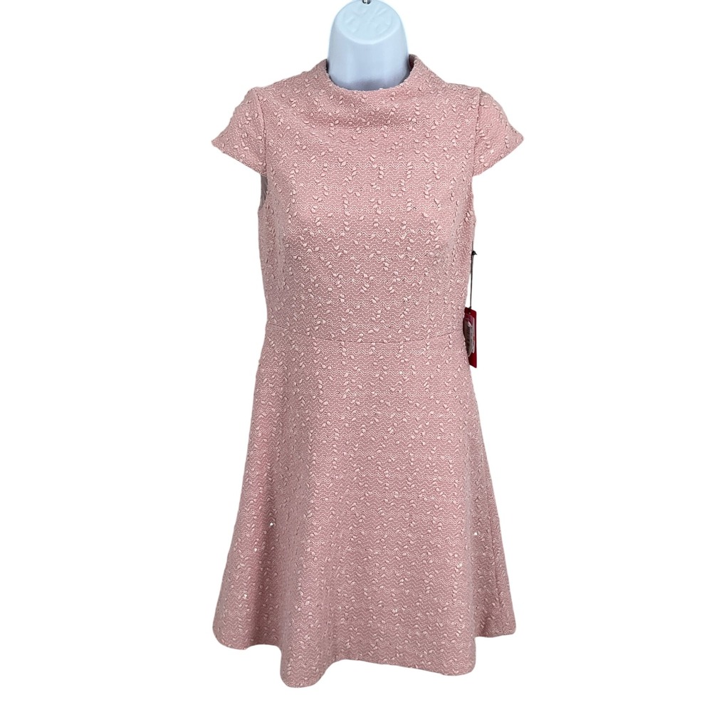 Vince Camuto‎ Dress Womens 2 Pink Tweed Metallic Mock Neck Fit Flare Coquette